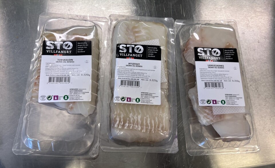 Stø is one of the new products. Tre pakker med fiskeprodukt.