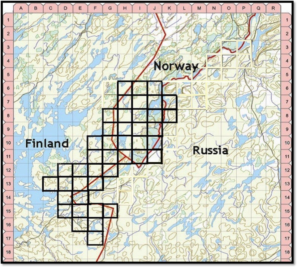 The study area in 2023 included areas in Norway (Øvre Pasvik) and Finland (Inari). The area was divided into 43 squares (5 km x 5 km) with one hair trap in each square. The hair traps were moved to another point within the same square halfway through the collection period (after four weeks).