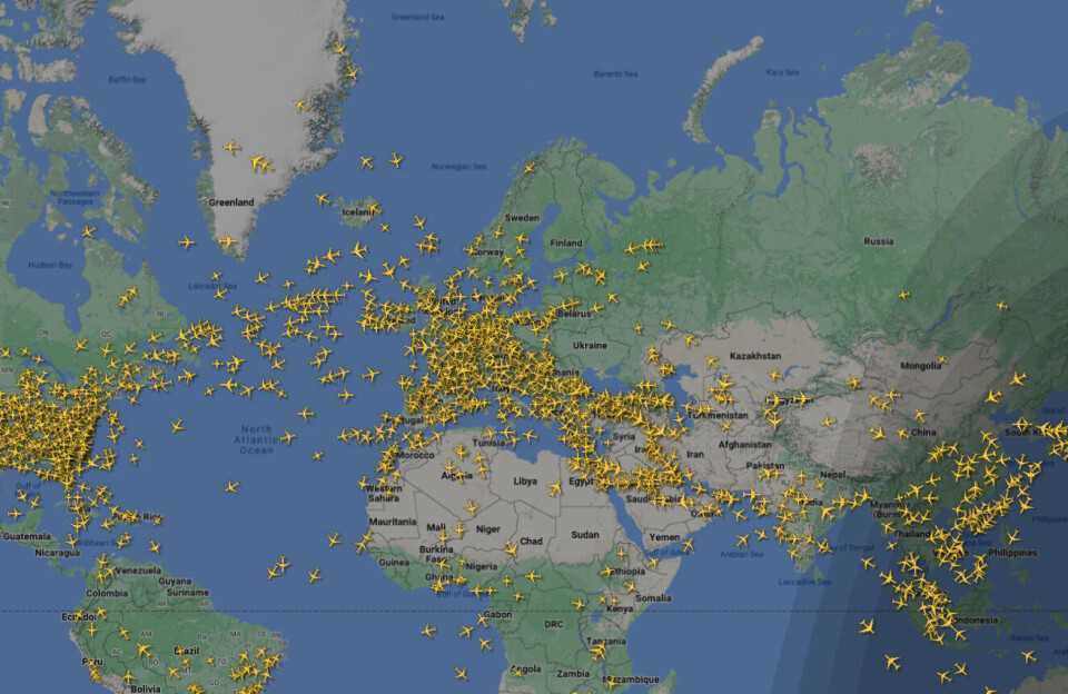 Researchers used actual flight data, such as the kind shown in this screenshot from Flight Radar 24, combined with information about the plane and engine types to calculate the aviation-related greenhouse gas emissions from 197 countries in 2019.