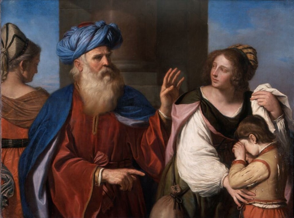This is how an artist imagined the scene when Abraham cast out Hagar and their son. According to Genesis, she was given bread and a sack of water. Then she had to fend for herself.