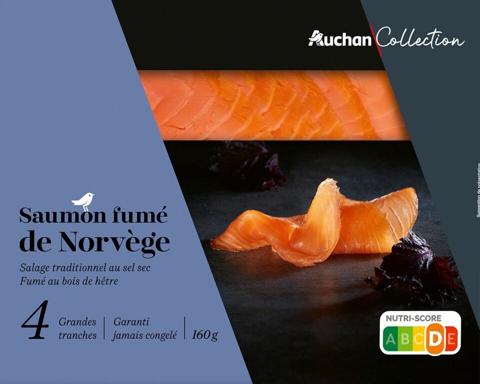 The Auchan hypermarket chain sells Norwegian salmon to French consumers. Packaging of Norwegian salmon.