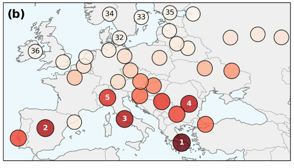Many European cities will experience more days with temperatures exceeding 30 degrees Celsius due to significant global warming, according to a new study. The reddest spots indicate the cities with the highest number of hot days. Numbers 1-5 denote the five cities with the most days over 30 degrees, while numbers 32-36 show those with the fewest.