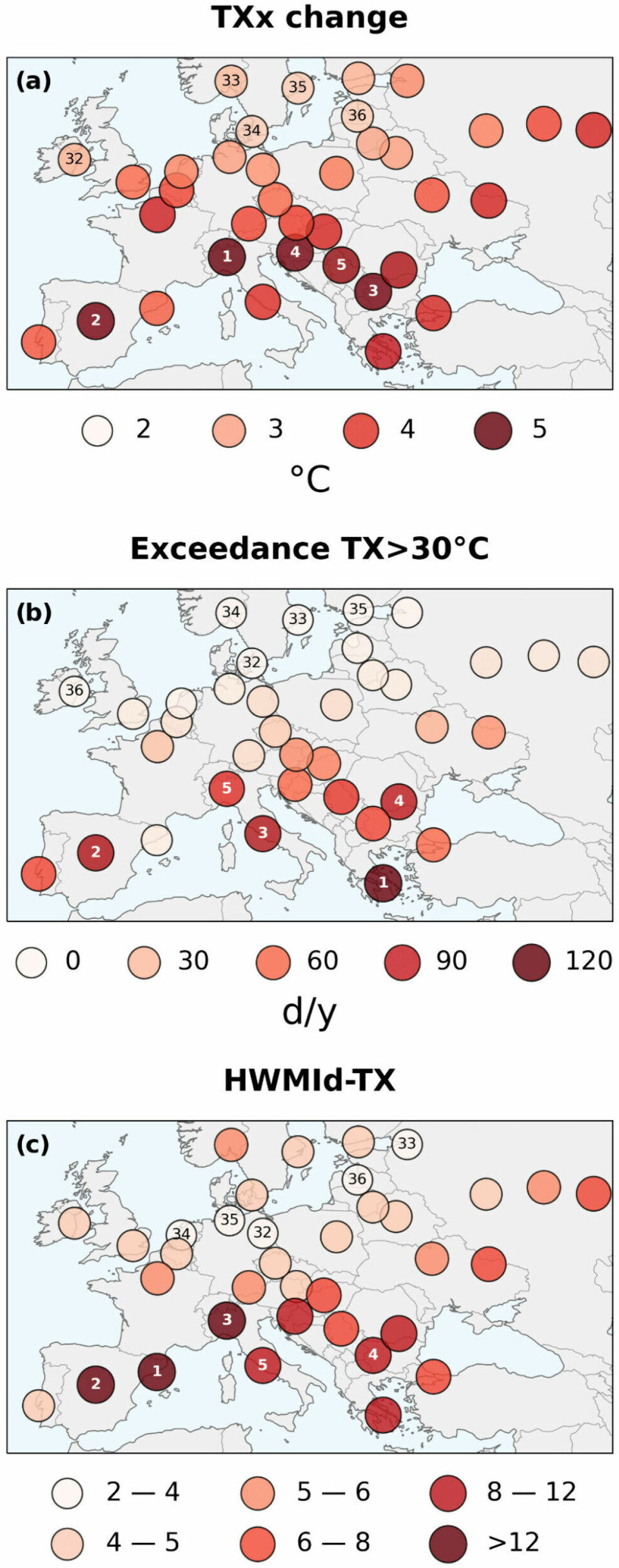Numbers from 1 to 5 and 32 to 36 indicate top and bottom rankings. Figure (a) shows by how many degrees the annual maximum temperature increases. (b) shows the number of days with temperatures over 30 degrees. (c) shows the length and intensity of heatwaves, based on the Heat Wave Magnitude Index daily calculation method.
