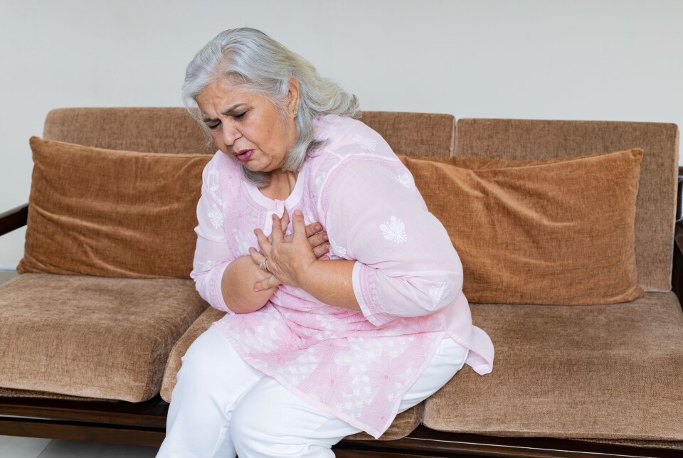 It's not just one type of fat that determines the kind of plaque you develop in your arteries over the years. Family history is also important in determining if you have a higher risk of having a heart attack. Kvinne sitter på sofa og tar seg til hjertet.