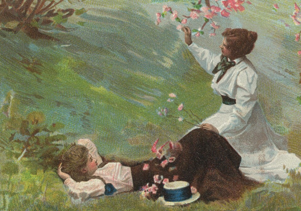 Maleri av to kvinner. Den ene ligger på ruggen i gresset med hendene bak hodet. Hun ser opp på den andre kvinnen som sitter på knærne ved siden av. Med den ene hånden holder hun grenen til et tre med rosa blomster, og den andre ligger på kneet til den andre kvinnen. De har på seg hverdagslige klær for kvinner på 1800-tallet.