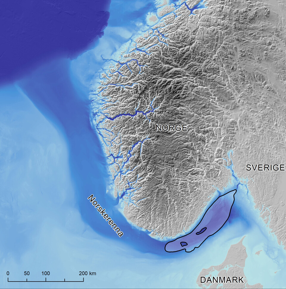 Map of parts of the North Sea. The Norwegian Trench is a deep trench carved into the shelf by an ice stream during the ice ages. In the eastern part of the Norwegian Trench, between Norway, Sweden, and Denmark, there is a lot of organic carbon accumulating in the seabed sediments.