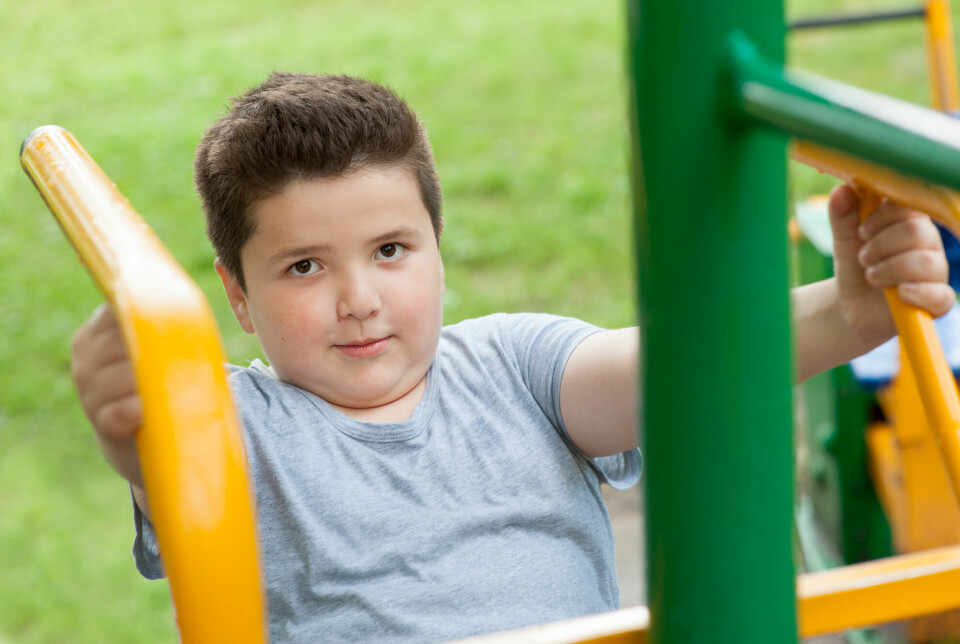 Nærbilde av overvektig gutt på fem-seks år på et lekeapparat.