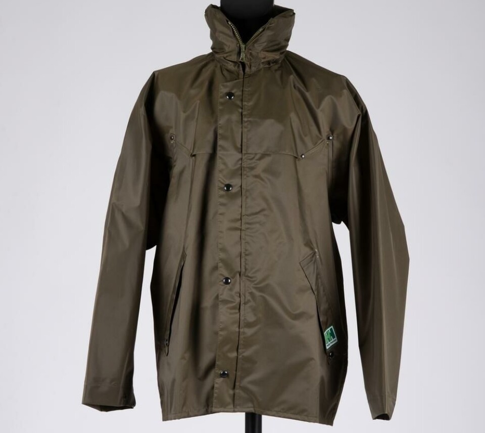 A rain jacket from 1980, produced by Helly Hansen. Nylon jackets were lighter and softer than cotton garments with a plastic coating.