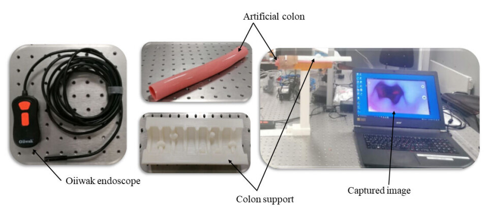 Test set-up with an endoscope, artificial colon, and images transferred to a PC.