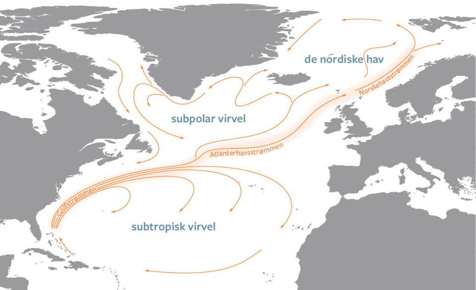 The surface water in the North Atlantic flows northeastward, but also circulates in large gyres.