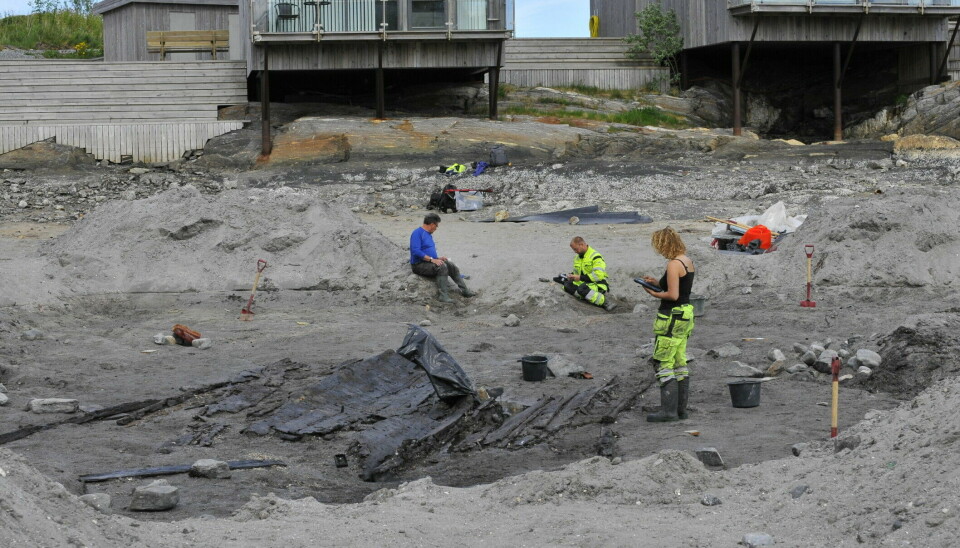The Lovund boat was discovered while excavating material for a road. Here is the excavation team at work.