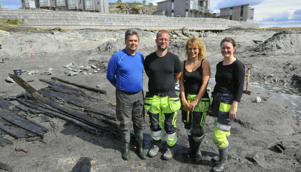 The excavation team from 2017. From left: Stephen Wickler, Sven Ahrens, Marja-Liisa P. Grue, and Tori Falck.