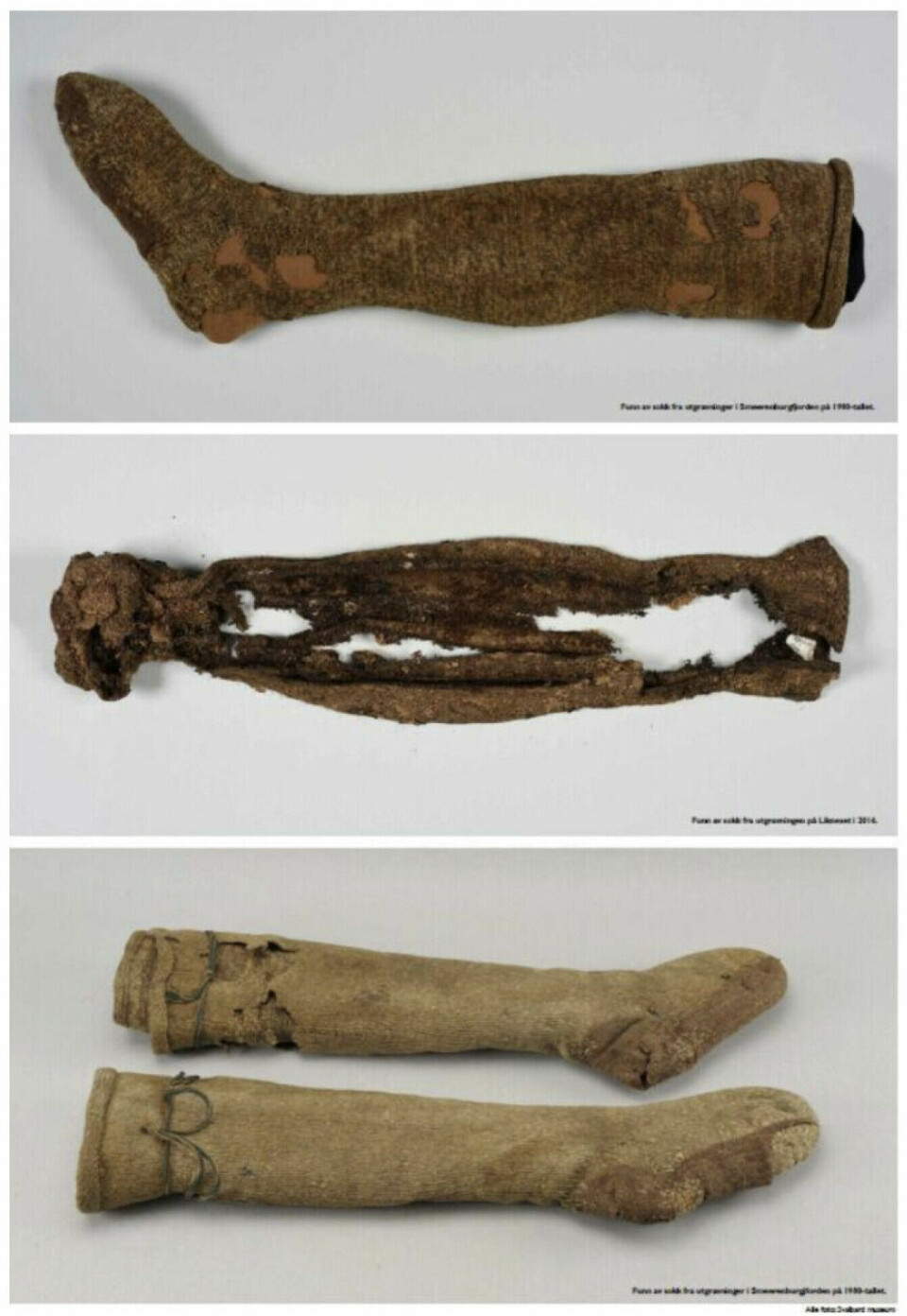 Knee socks have been found in many graves and can provide information about the preservation conditions. There is a significant difference in the condition of the textiles excavated in 2016 (middle) compared to those from the 1980s (above and below). Researchers will now investigate whether this could be due to the effects of climate change.