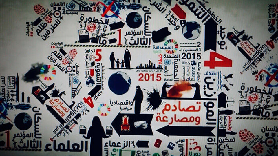 The women's network contributed to a video campaign against the UN's Sustainable Development Goals in 2015. ‘Conflict and clashes’ and ‘injustice towards both genders’ are among the slogans in the picture.