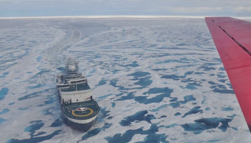 IceBird view of the Norwegian R/V Kronprins Haakon en route to collect sea-ice thickness data at the location where scientists onboard the ship took in situ ice measurements.