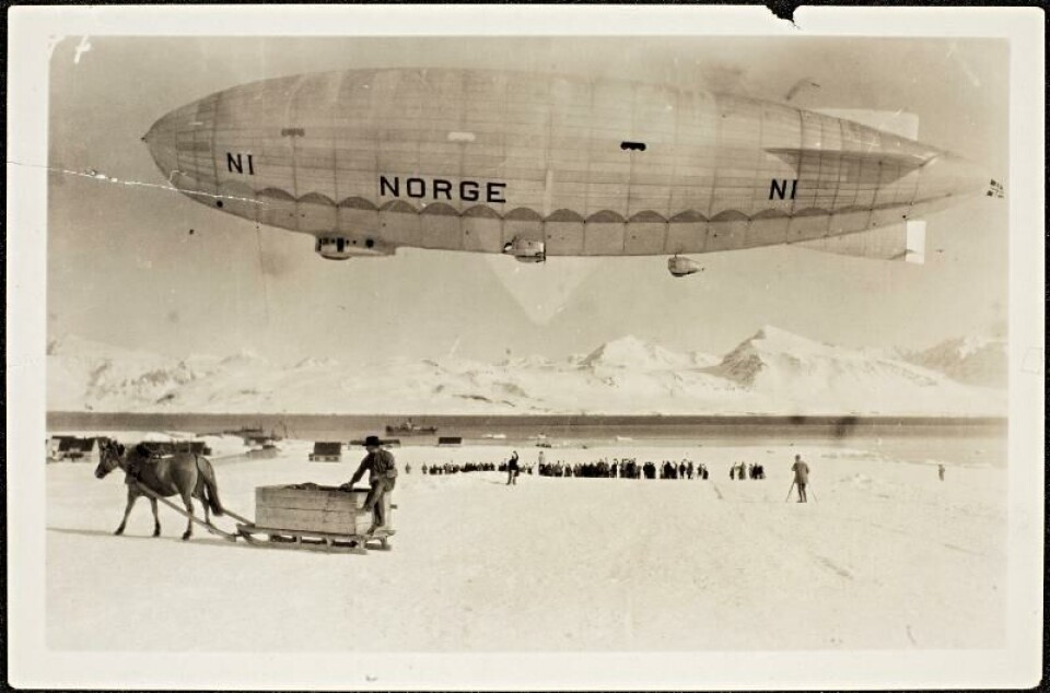 The Norge airship floating above Svalbard before its departure to the North Pole in 1926