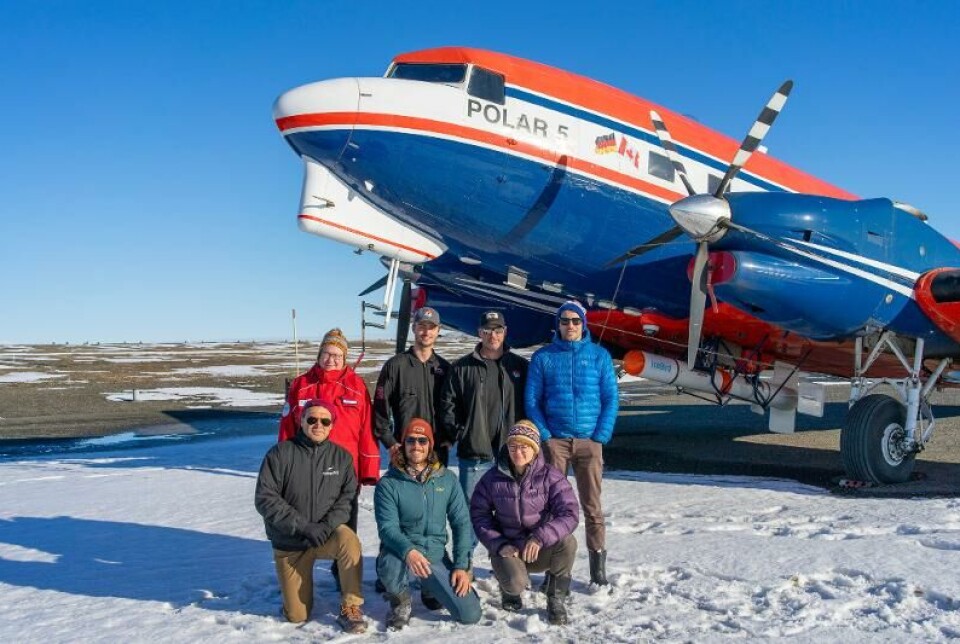 The IceBird summer 2024 team. Back row from left to right: Gerit Birnbaum (AWI), Triston MacLean (Kenn Borek Air/K8A), Dwayne Bailey (KBA) and Jack Landy (UiT). Front row from left: Alan Gilbertson (KBA), Eduard Gebhard (AWI) and Catherine Taelman (UiT)