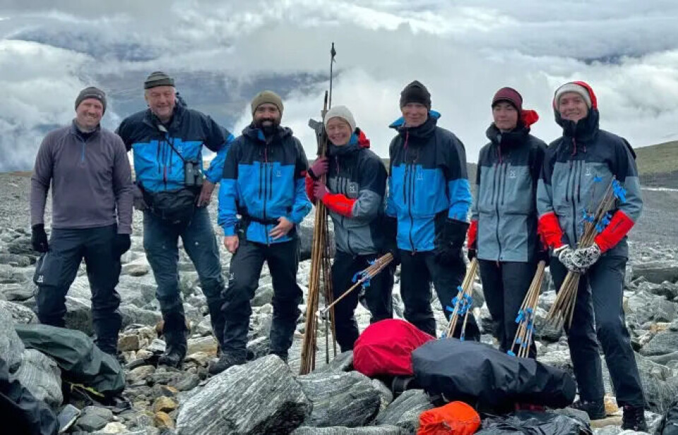 The glacial archaeologists during this year's fieldwork at Lendbreen. Seven archaeologists posing for a photo, holding sticks.