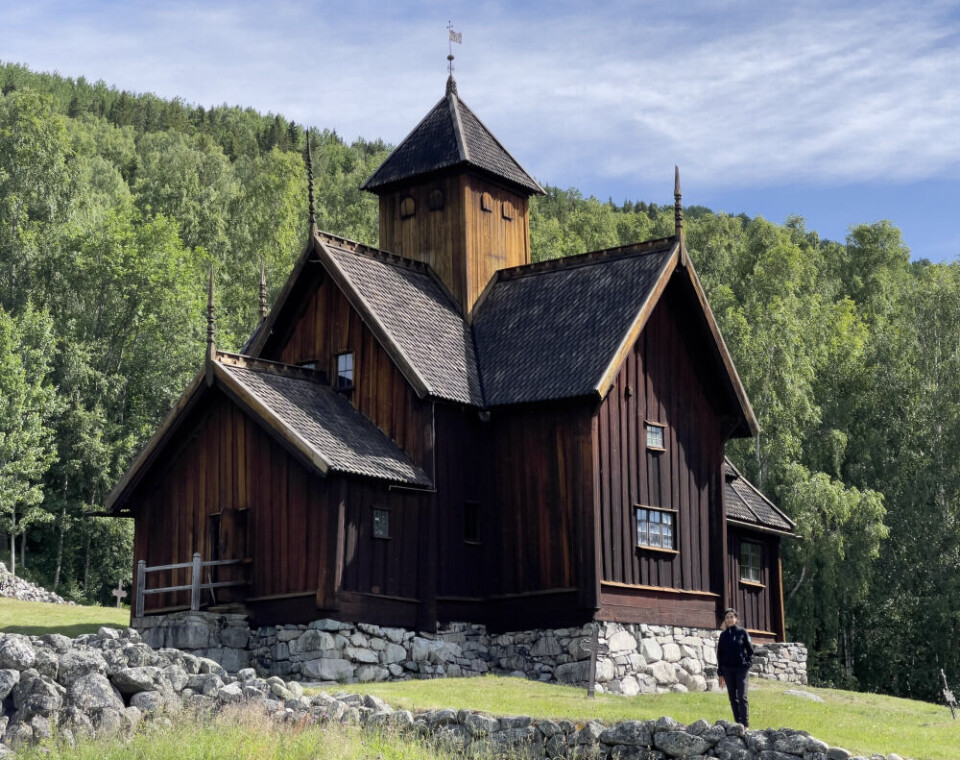 A new study shows that hide glue made from calfskin was used as a binder in decorative paints. Researcher Zahra Haghighi photographed next to Uvdal Stave Church.