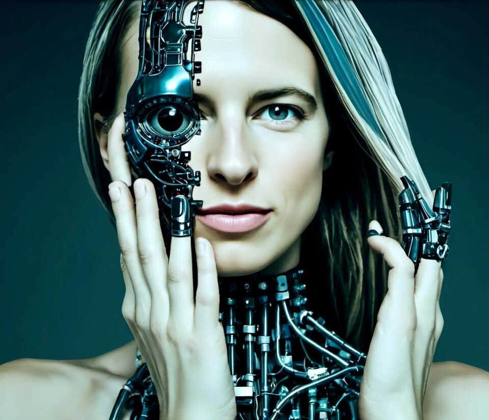 This image of Inga Strümke was created with the help of artificial intelligence. Can you spot the error? Find out further down in the article. An AI-generated image of a woman with bionic elements.