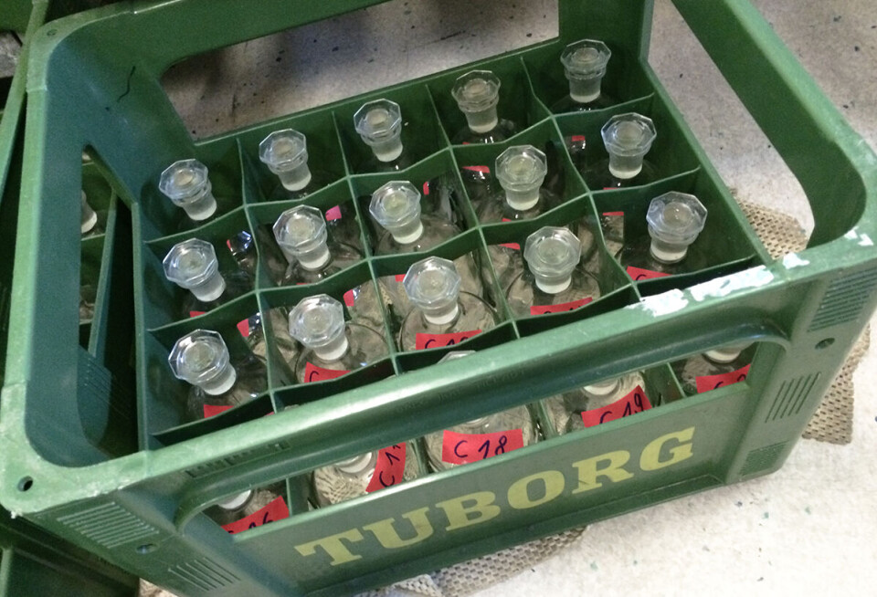 Glass bottles containing water samples are brought back home for analysis.