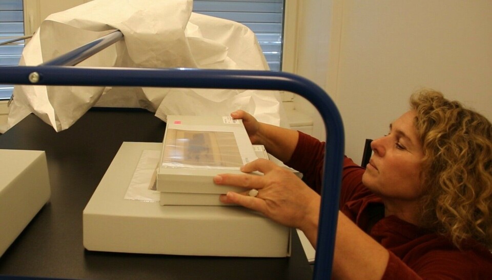 Marianne Vedeler retrieves fragments stored in lightproof boxes at the Museum of Cultural History.