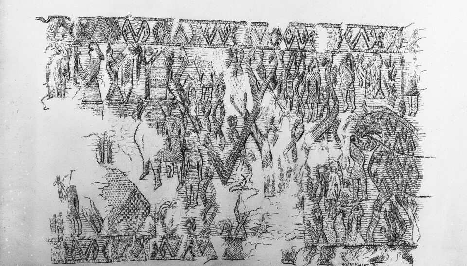 This is how the artist Sofie Krafft saw the fragment in 1916, when she attempted to reconstruct the image with the tree and the hanged men.