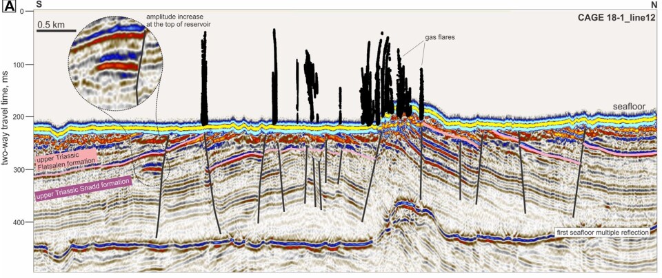 The figure shows towering methane gas columns, several hundred metres high, rising from the seabed. The image is based on seismic and sonar data, among other sources.
