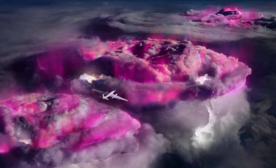 This illustration shows how researchers imagine the invisible gamma radiation (shown in purple) bubbling up within the clouds.