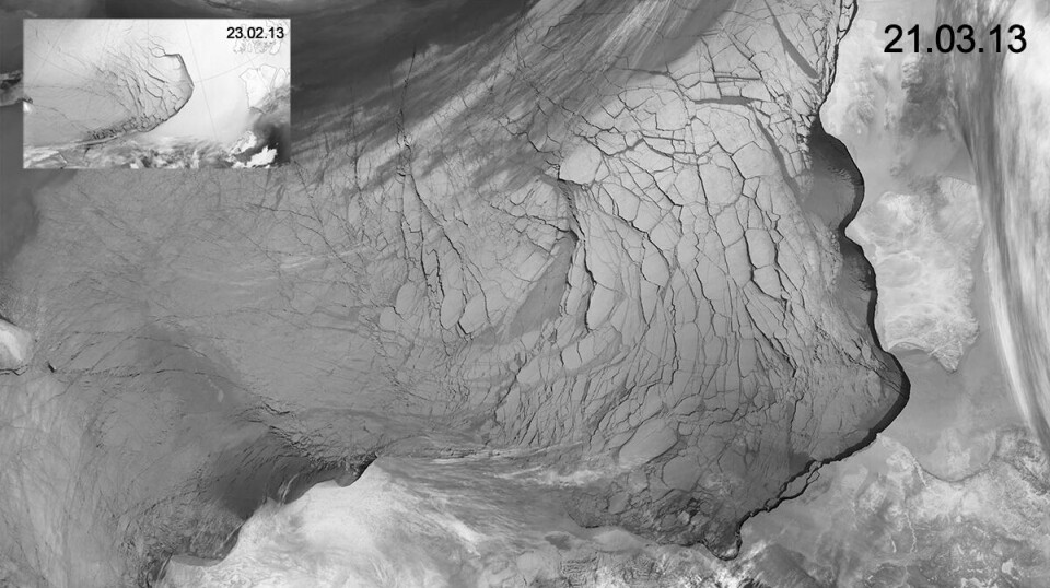 Sea ice in the Beaufort Sea 21 March 2013. The smaller image shows the same region 23 February, before the breakup event.