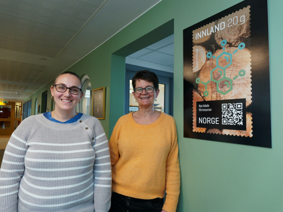 Foods of Norway has been honoured with its own postage stamp. Jamie M. Hooft (left) and Margareth Øverland have the reminder of how important the research centre is, hanging outside their offices at NMBU.