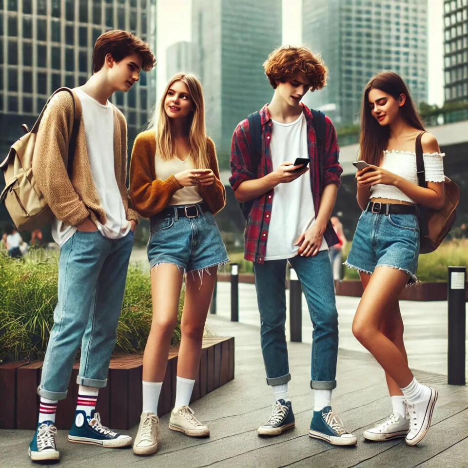 “The young people in the images are strikingly similar. They all wear jeans and Converse shoes, are beautiful, with lovely features and voluminous hair, and none have pimples,' researcher says. AI-generated image of four teenagers, two boys and two girls.