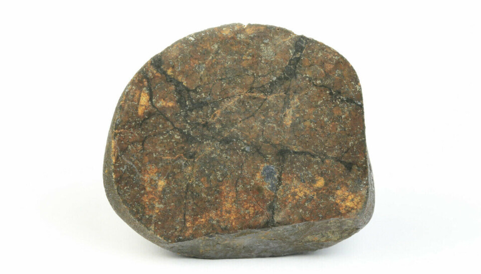 The Jordalen meteorite is classified as an L6 chondrite. Chondrites have small spherical grains called chondrules. Jordalen contains relatively little iron, but enough for it to be attracted to magnets. The dark lines indicate that the rock had been exposed to powerful collisions with other celestial bodies.