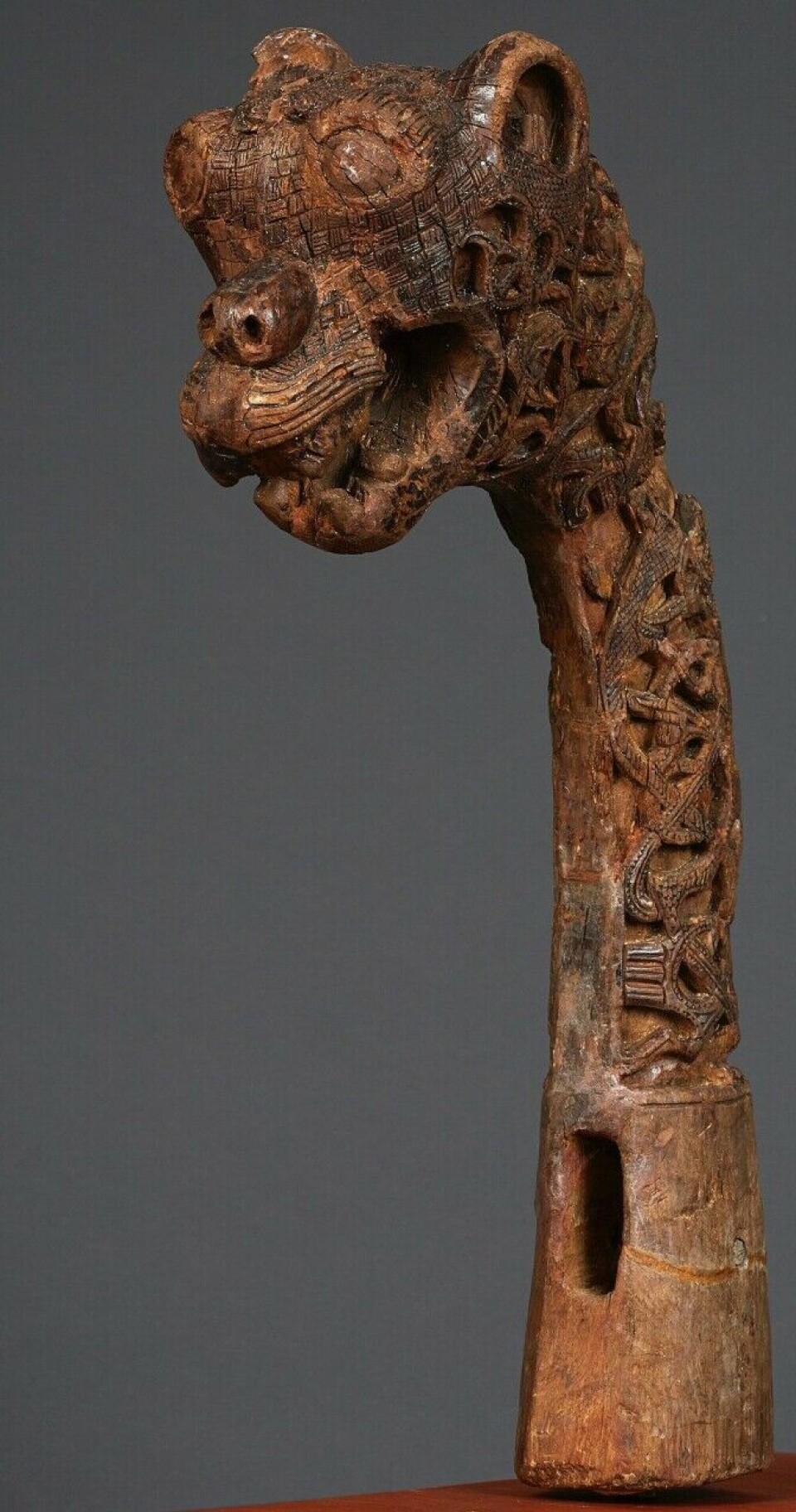 One of the animal heads from the Oseberg grave. It is called the Lion's Head.