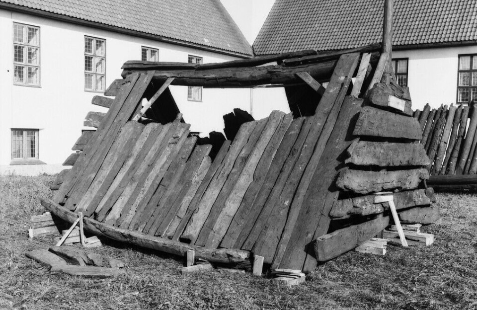 The burial chamber, reconstructed outside the Viking Ship Museum. You can clearly see the hole at the top where the robbers broke into the grave.