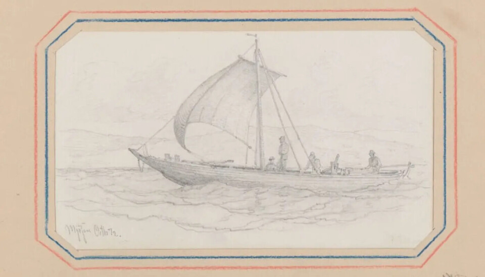 Pencil drawing of a transport boat on Lake Mjøsa from 1872. Researchers believe they have found this type of boat at a depth of over 400 metres. Pencil drawing of a boat with a sail.