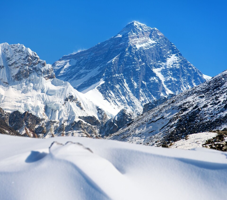 The distinctive pyramid shape of what is perhaps the world's most famous mountain, Mount Everest.