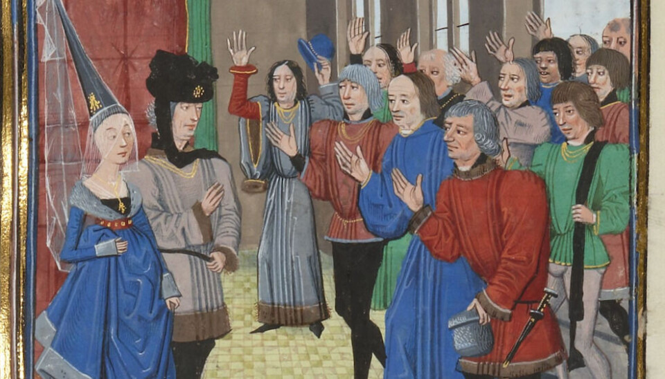 Women inherited power: Here, the lords of Brittany acknowledge the duke and duchess. The image is from the chronicles of Froissart, 15th century.