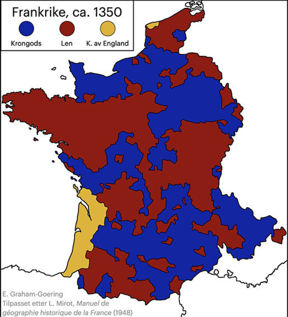 A different map of France in the year 1350: The crown estates (blue) were more directly subject to the king's influence, while the fiefs (red) had more autonomy. The yellow areas show areas that England had conquered during the Hundred Years' War.