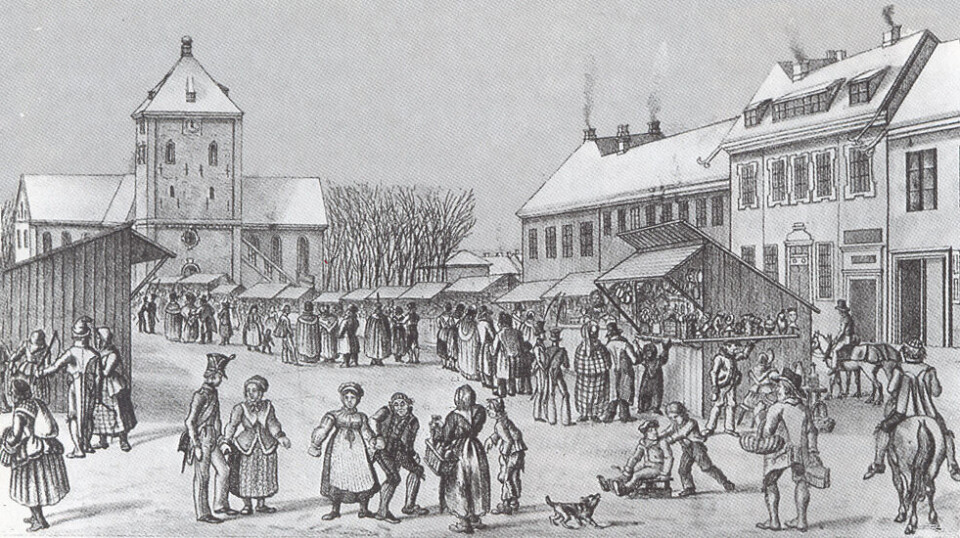 The market at Stortorvet (the grand plaza) in Christiania, now Oslo, in 1830.
