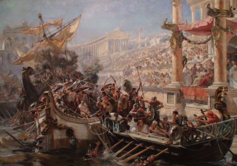 A painting of an imaginatively depicted naval battle.