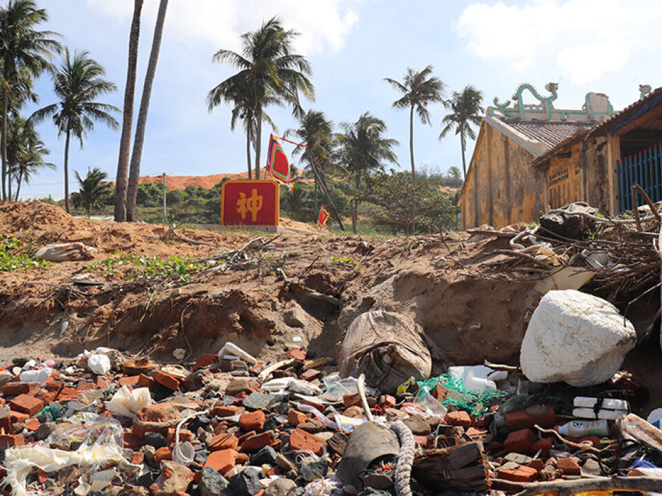 Fishermen along the coast of Vietnam pray to whale gods, and are affected by climate change and ecological crisis. Here is a whale temple, a whale grave, and waste on a beach.