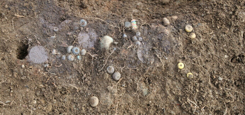 Once a beautiful piece of jewellery consisting of over 40 beads and 11 silver coins. The silver coins are Carolingian, dating from the first half of the 9th century.