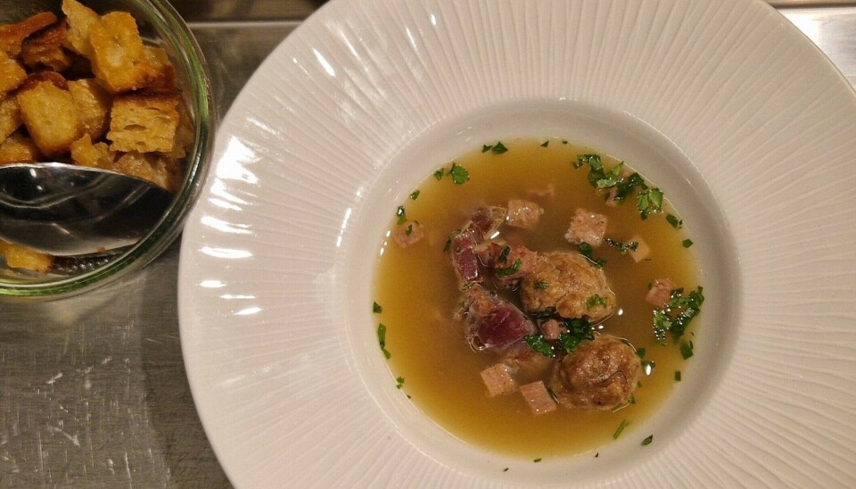 Duck neck broth soup, with meatballs and duck meat. Soup was always served with rusk, made from dry bread scraps.