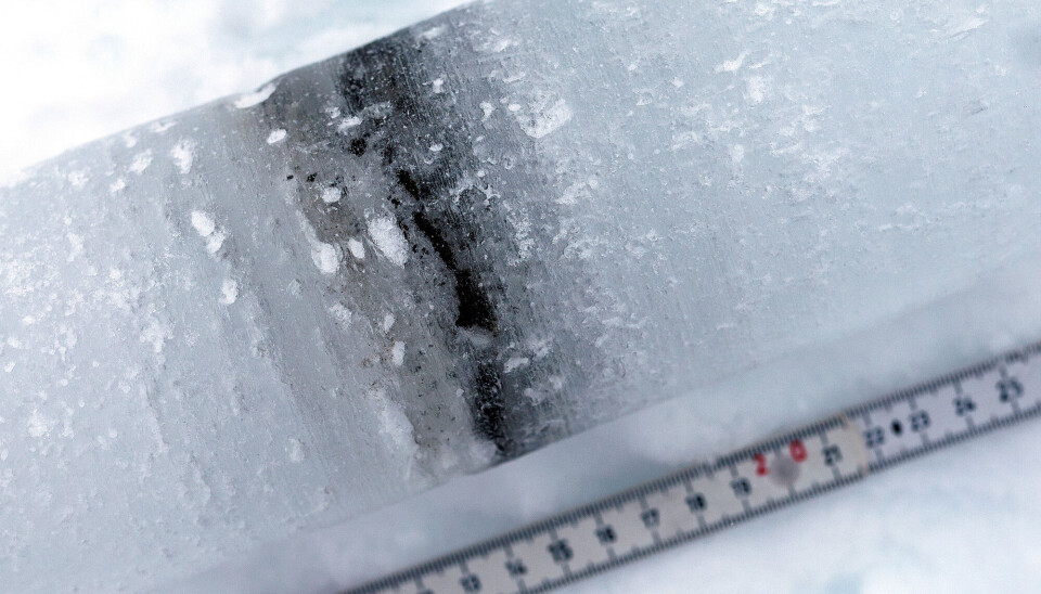 An ice core from Svalbard shows a layer containing bacteria, soot, and tiny rock particles.