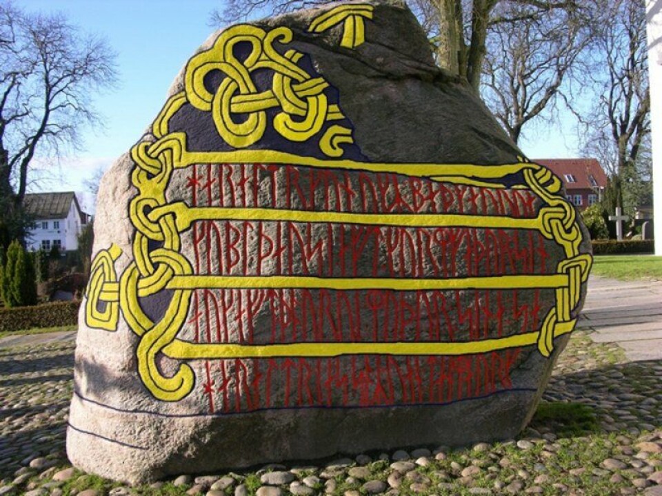When it was created, the large Jelling stone was painted in bright colours. In this image, colours have been added digitally.
