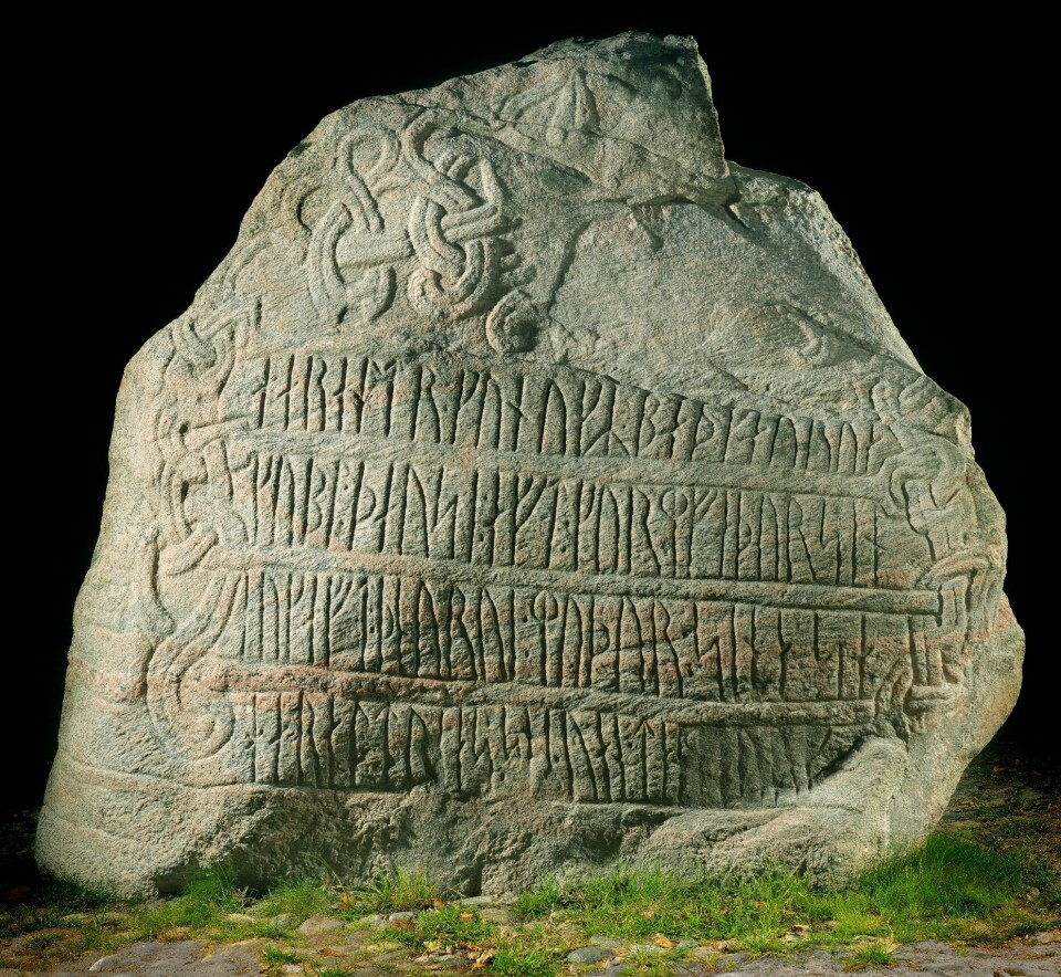 The large Jelling stone is the symbol of Denmark's official creation, writes the National Museum of Denmark. An image of the stone can be found on the first page of all Danish passports. The stone is 2.5 metres high and has three sides.