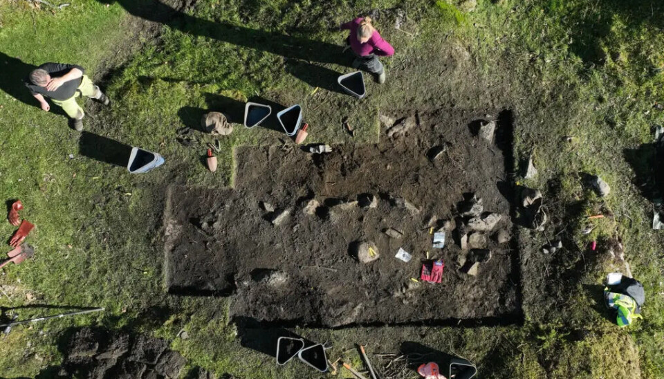 One of the three women's graves from the Viking Age was a boat grave. The woman here was buried with beautiful brooches and a necklace made of 46 glass beads and 11 silver coins.