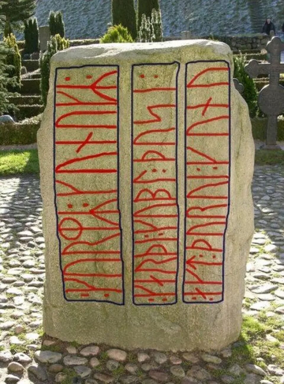 The runes on the stone are inscribed vertically, which was common during the Viking Age, according to Glørstad. In this image, colours have been added digitally.