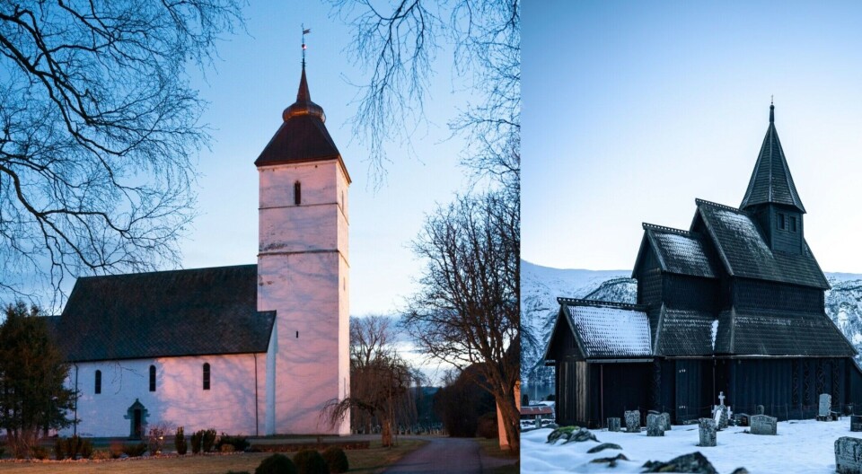 Værnes Church in central Norway was built in the 12th century – a key period for church building in Norway. Urnes Stave Church is shown on the right.